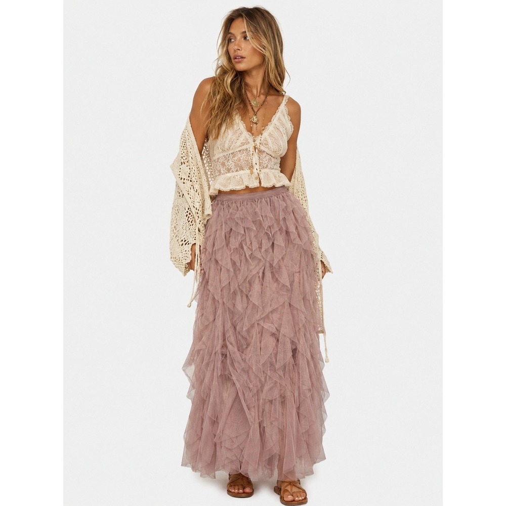 SOHO APPAREL Dusty Rose Tiered Tulle Maxi Skirt Ruffled Layered XL